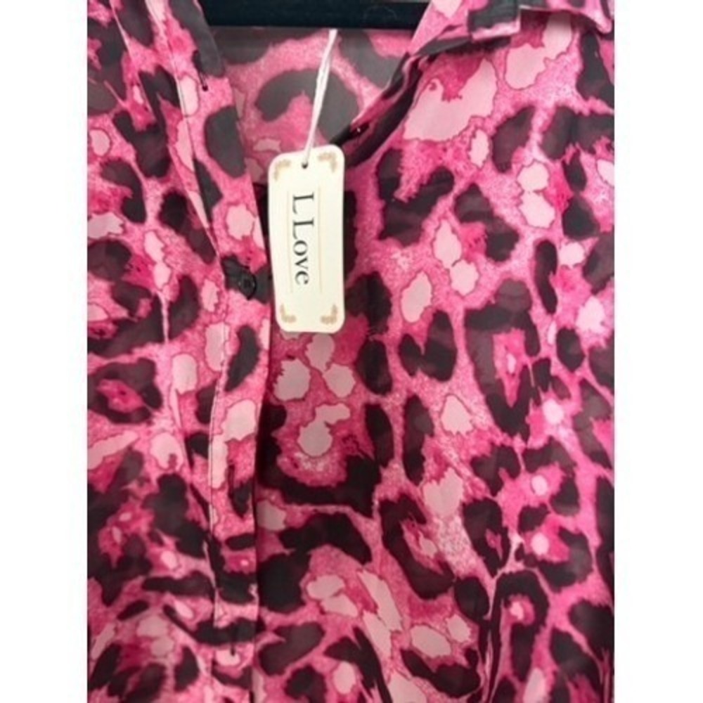 L Love Women's M/L Pink Leopard Print Sheer Button Up Blouse Tunic Top - Picture 6 of 6